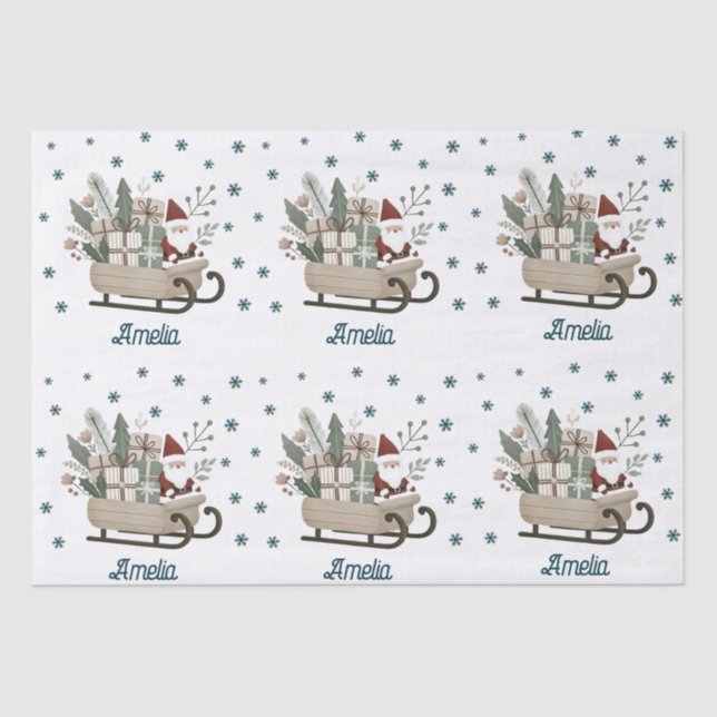 Boho Santa on Sleigh With Gifts Snowflakes Name Tissue Paper (Front)
