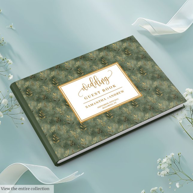 Boho sauge vert or feuille livre d'invité mariage (Boho sage green gold leaves wedding guest book)
