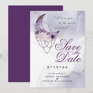 Boho Save the Date Dusty Purple Crescent Moon Invitation