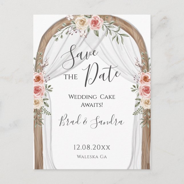 Boho Save the Date - Elegant Bohemian Floral Arch Announcement Postcard (Front)