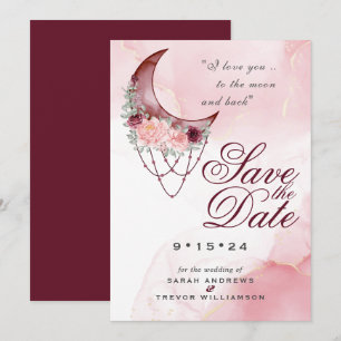 Boho Save the Date Pink Maroon Crescent Moon Invitation