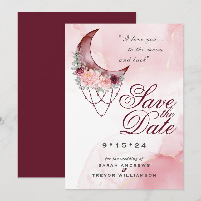 Boho Save the Date  Pink Maroon Crescent Moon Invitation (Front/Back)