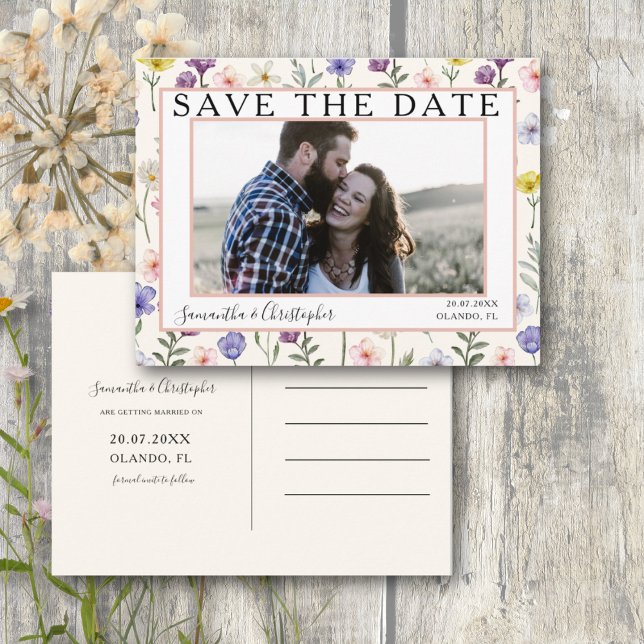 Boho Save the Date Wildflower & Photo Postcard (Creator Uploaded)