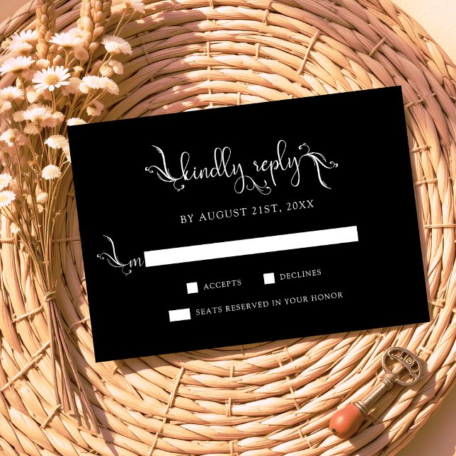 Boho Script Black Wedding Kindly Replay RSVP Cards (Creator Uploaded)