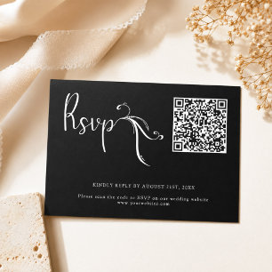 Boho Script Black Wedding QR Code Budget RSVP Card