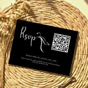 Boho Script Black Wedding QR Code Budget RSVP Card