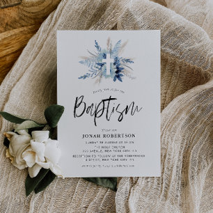 boho script blue floral cross baptism invitation