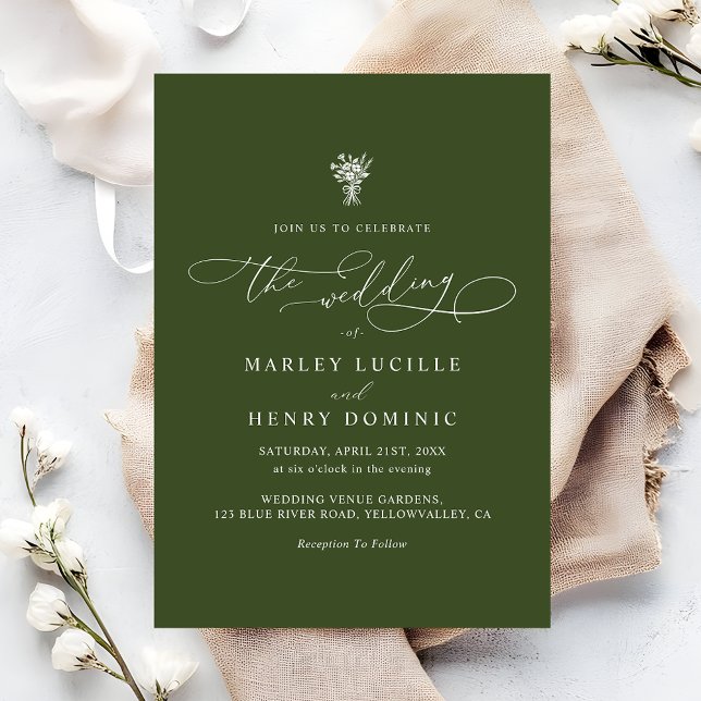 Boho Script Calligraphy Olive Green Wedding  Invitation (Creator Uploaded)