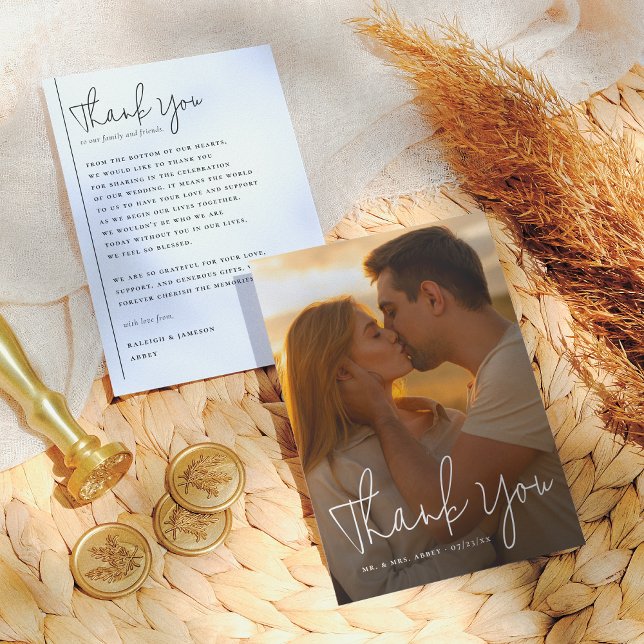 Boho Script & Classic Typography Photo Wedding Thank You Card (Creator Uploaded)