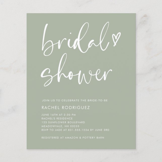 Boho Script Heart Sage Green Bridal Shower Invites Flyer (Front)