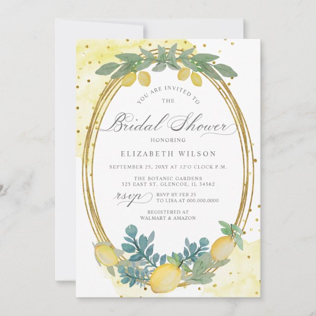 Boho Script Lemon Citrus Summer Bridal Shower Invitation (Front)