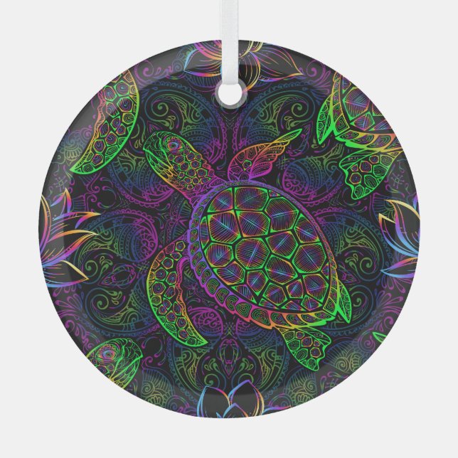 Boho Sea Turtle: Psychedelic Mandala Pattern Glass Ornament (Front)