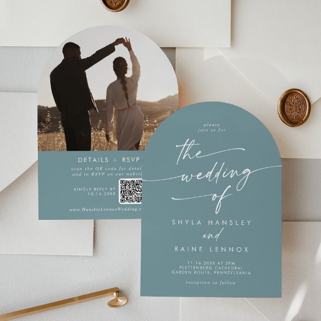 Boho Seafoam Teal Photo QR Code Arch Wedding Invitation (Creator Uploaded)