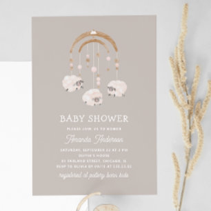 Boho Sheep Mobile   Warm Grey Neutral Baby Shower Invitation