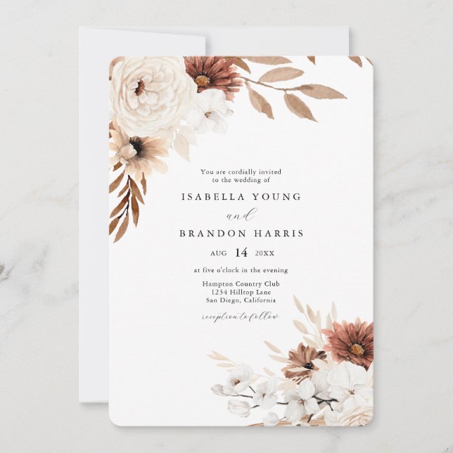 Boho Sienna et Faire-part de mariage florale beige (Devant)