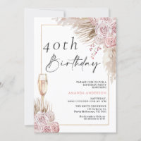 Boho Silk Roses Pampas Grass Invitation Anniversai