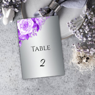 Boho Silver and Purple Roses Wedding Table Number