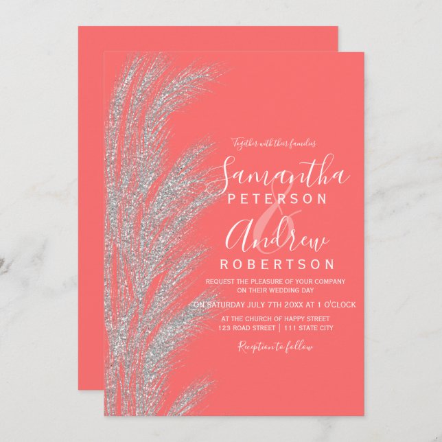 Boho silver pampas grass coral white wedding invitation (Front/Back)