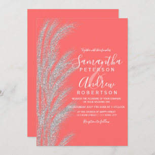 Boho silver pampas grass coral white wedding invitation