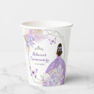 Boho Silver Purple Flowers Butterfly Quinceañera Paper Cups