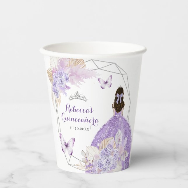 Boho Silver Purple Flowers Butterfly Quinceañera Paper Cups (Front)