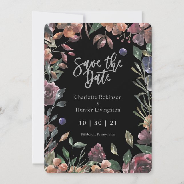 Boho Silver & Watercolor Floral Save the Date (Front)