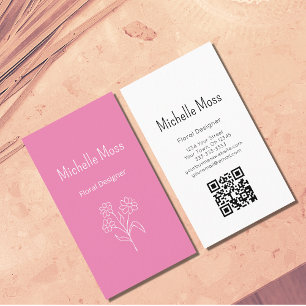 Boho Simple Daisy Pink QR code Floral Designer Business Card