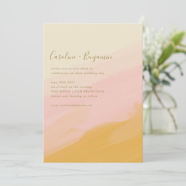 Boho Simple Watercolor Pink Yellow Script Wedding Invitation (Standing Front)