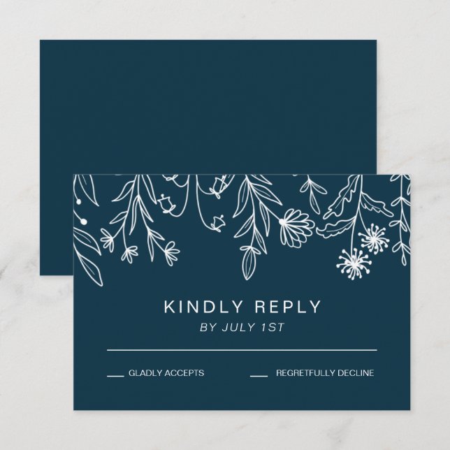 Boho Simple Wildflower Navy Blue Wedding RSVP Card (Front/Back)
