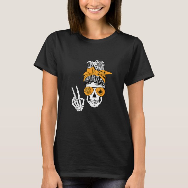 Boho Skeleton Messy Bun Bandana Halloween Apparel T-Shirt (Front)