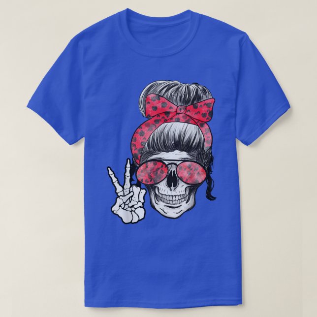 Boho Skeleton Messy Bun Bandana Halloween Apparel  T-Shirt (Design Front)