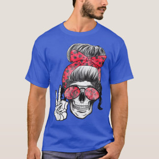 Boho Skeleton Messy Bun Bandana Halloween Apparel  T-Shirt