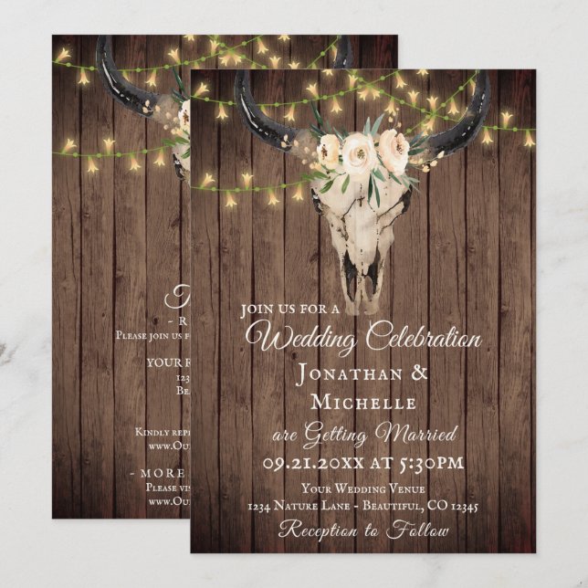 Boho Skull and Lights on Wood All In One Wedding Invitation (Front/Back)