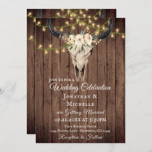 Boho Skull and Lights on Wood All In One Wedding Invitation