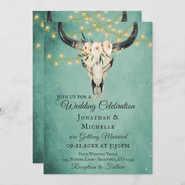 Boho Skull and Lights Turquoise All In One Wedding Invitation (Front/Back)