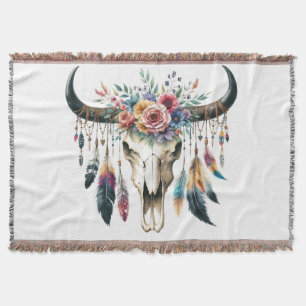Boho Skull Native American Indian Colourful Feathe Throw Blanket
