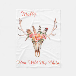 BoHo Skull Watercolor Custom Fleece Blanket NAME