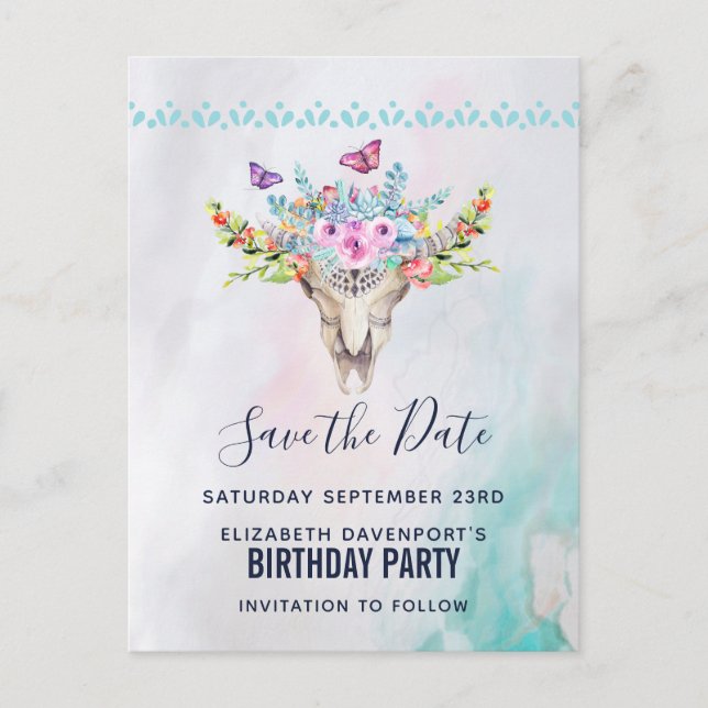 Boho Skull with a Floral Bouquet Save the Date Postcard (Front)