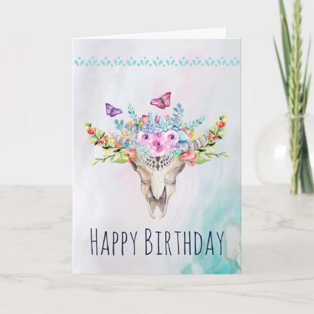Boho Skull with Butterflies and Flowers Birthday Card (Front)