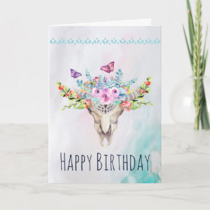 Boho Skull with Butterflies and Flowers Birthday Card