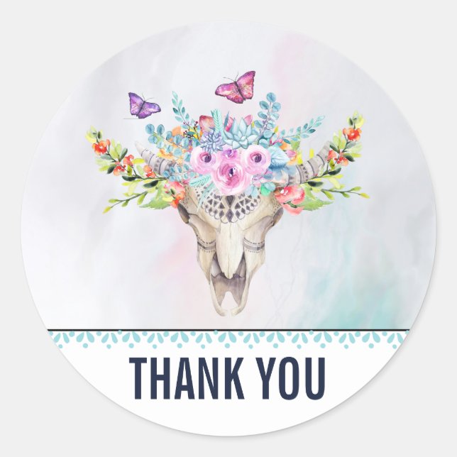 Boho Skull with Butterflies and Flowers Thank You Classic Round Sticker (Front)