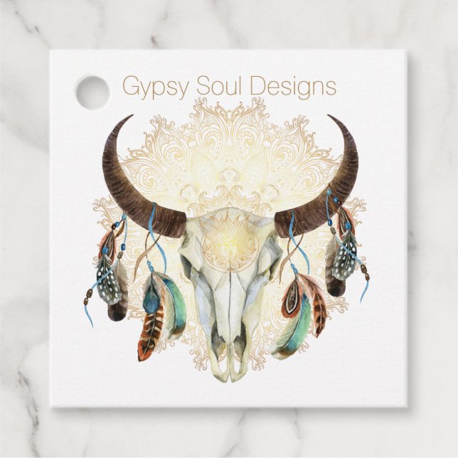 Boho Skull with Feathers Favour Tags (Front)