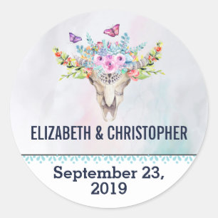 Boho Skull with Florals Wedding Save the Date Classic Round Sticker