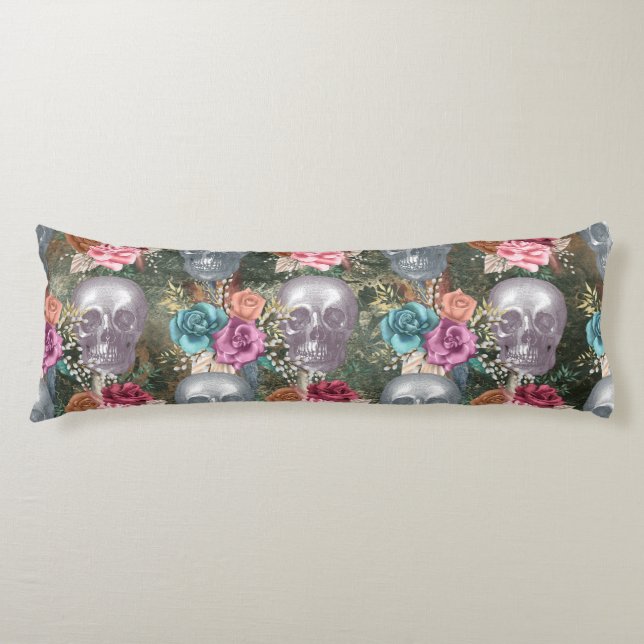 Boho Skull with Flowers Body Pillow (Front)