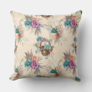 Boho Skull with Flowers Throw Pillow