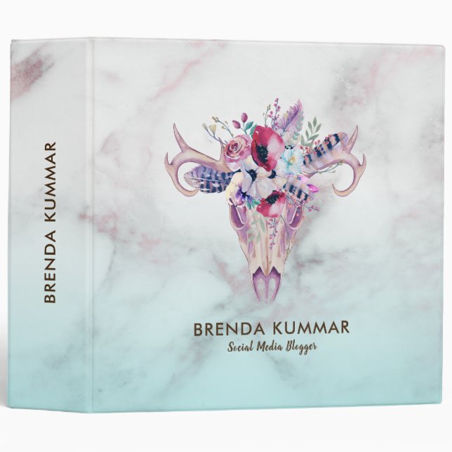 Boho Skull With Rose-gold Faux Marble Ombre Binder (Front/Spine)