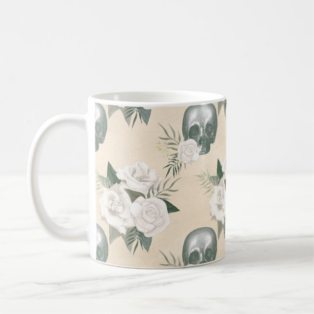 Boho Skull with White Roses Coffee Mug (Left)