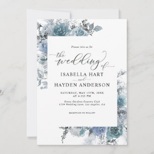 Boho Slate Floral Dusty Blue Pastel Wedding Invitation