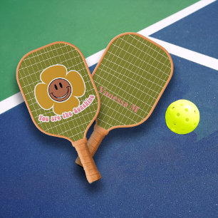 Boho Smiley Good Vibes Olive Pink Custom Name Pickleball Paddle