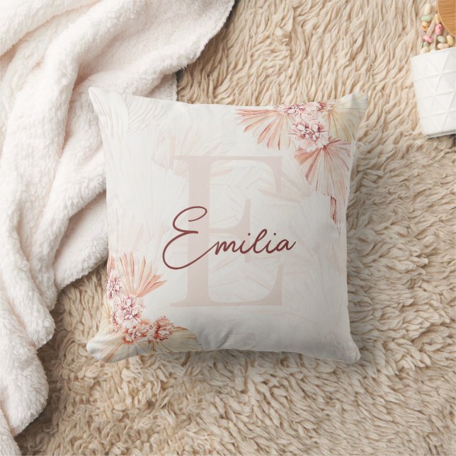 Boho Soft Baby Girl Nursery Kid Monogram Pink Name Throw Pillow (Blanket)